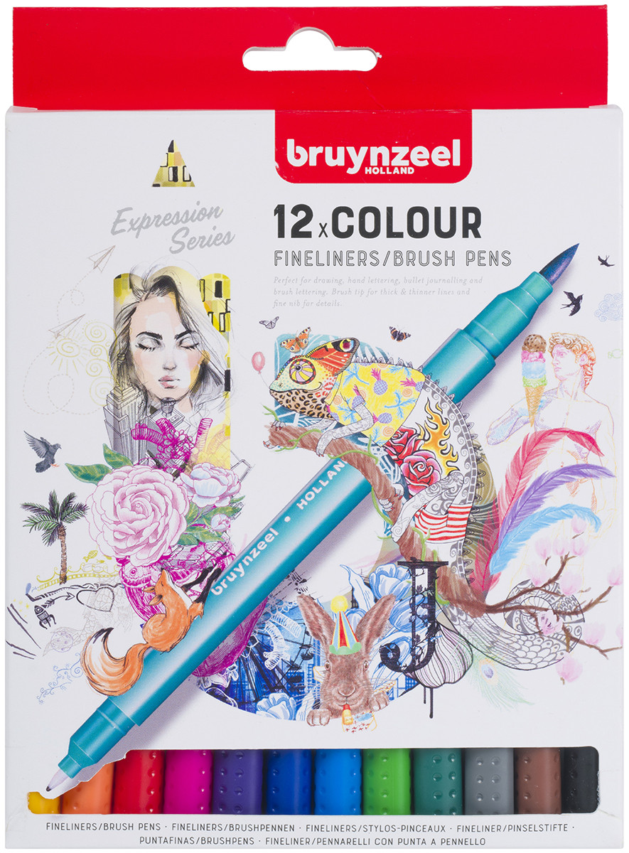 Bruynzeel Fineliner Brushpen Set - Assorted Colours (Pack of 12)
