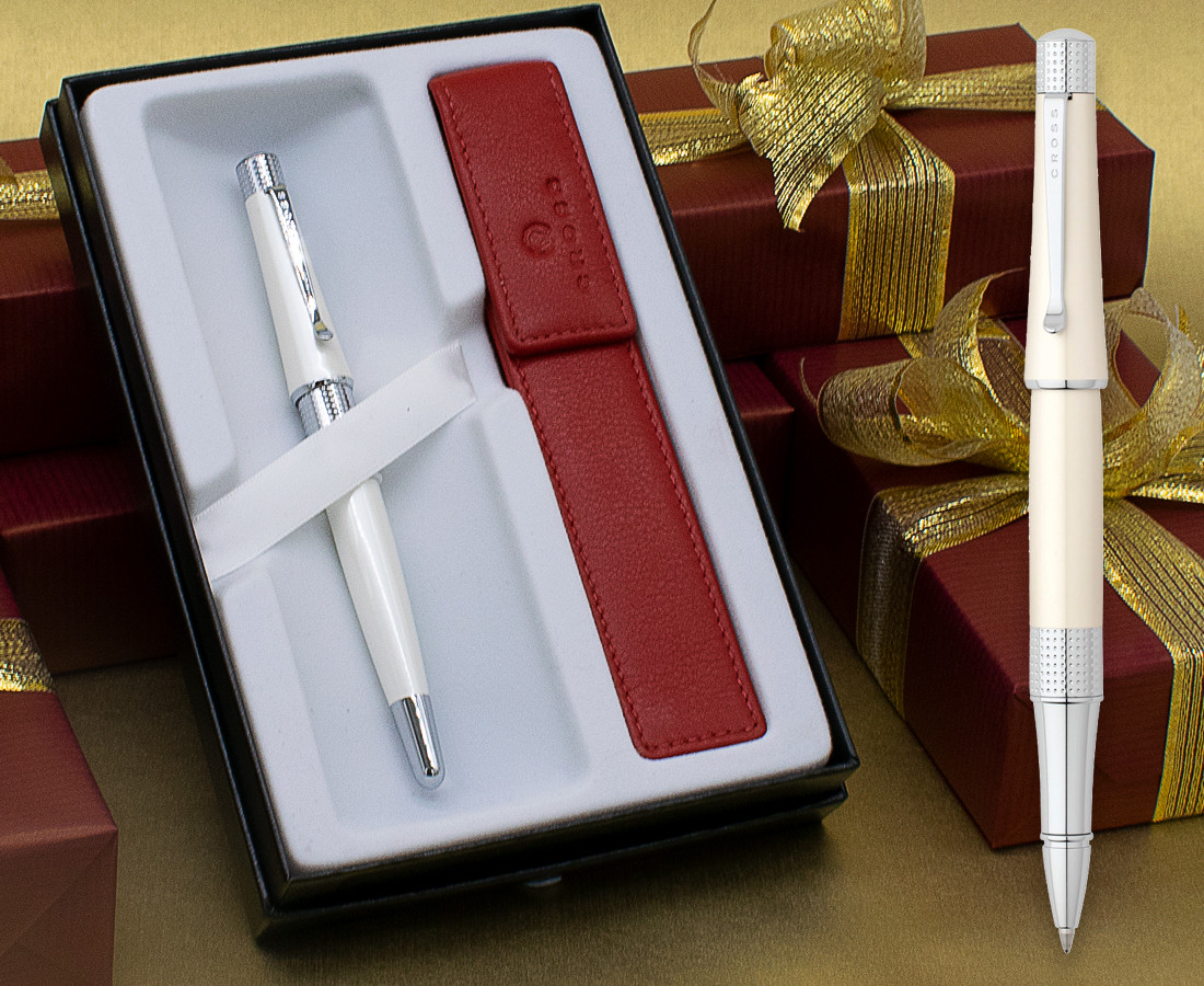 Cross Beverly Rollerball Pen - Pearlescent White Lacquer Chrome Trim in Luxury Gift Box with Free Pen Pouch