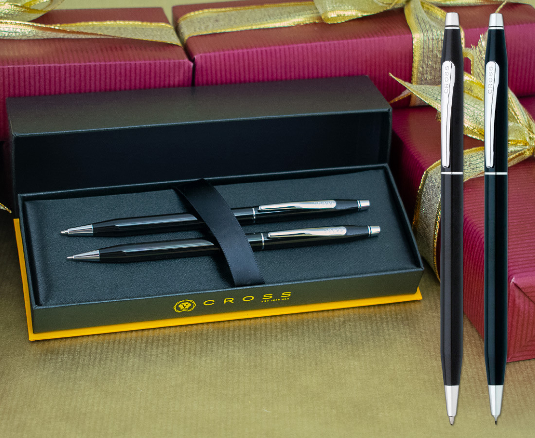 Cross Classic Century Ballpoint Pen & Pencil Set - Black Lacquer Chrome Trim
