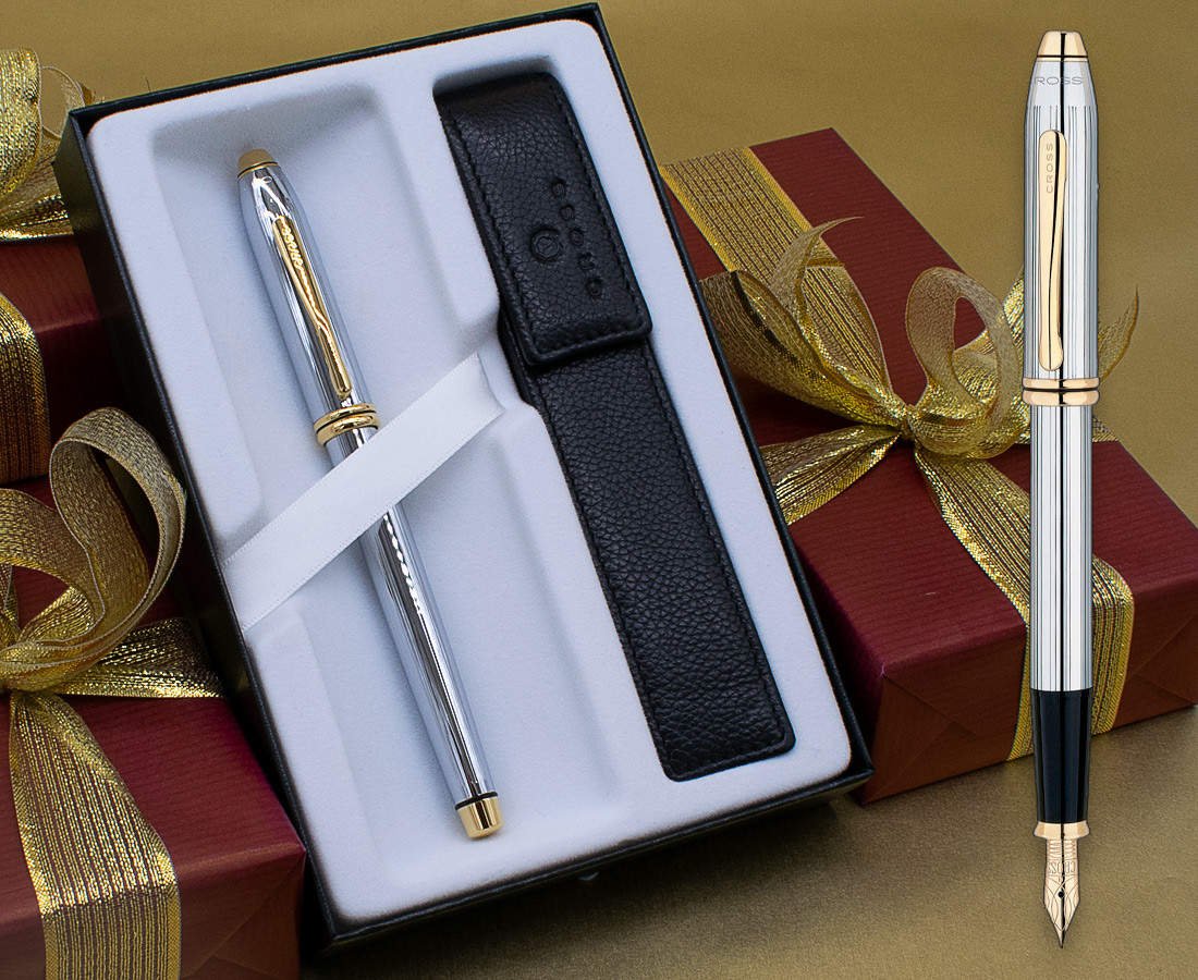 Cross Townsend Fountain Pen - Medalist Chrome & Gold in Special Gift Box with Free Pen Pouch