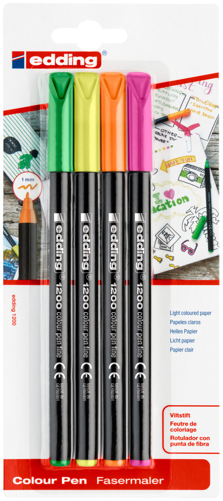 Edding 1200 Fibre Tip Pens - Assorted Neon Colours (Blister of 4)