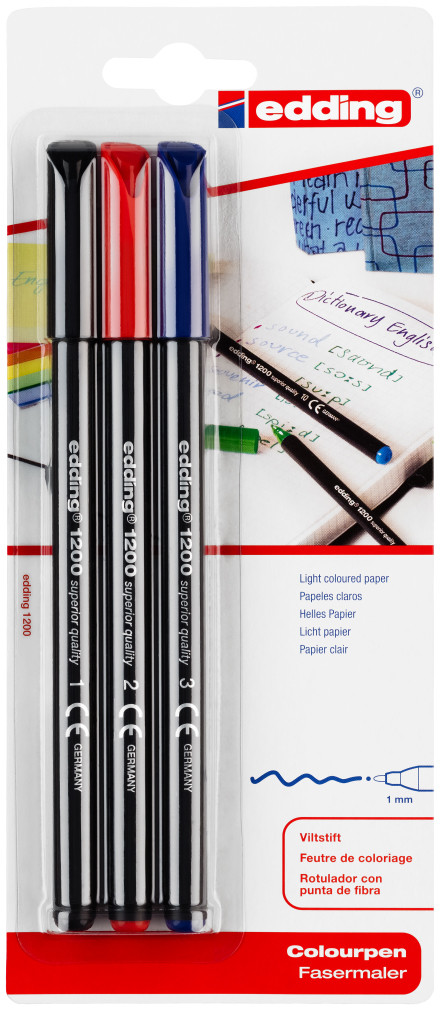Edding 1200 Fibre Tip Pens - Assorted Colours (Blister of 3)