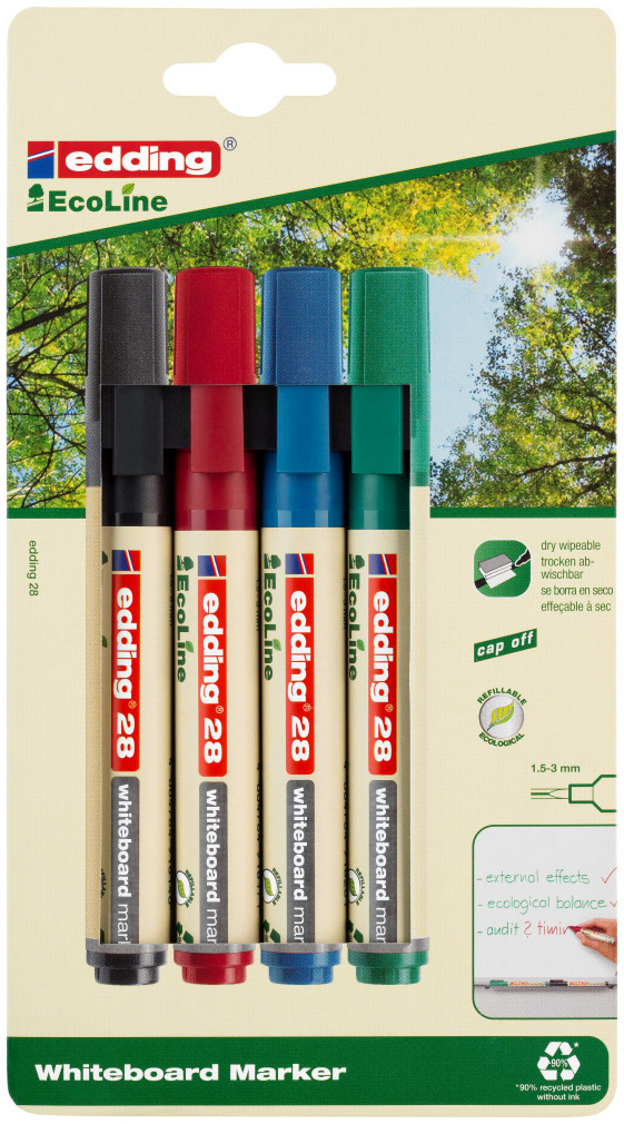 vrijwilliger speelplaats Maar Edding 28 EcoLine Whiteboard Markers - Assorted Colours (Blister of 4) | 4- 28-4-1999 | The Online Pen Company