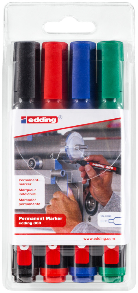 Edding 300 Permanent Markers - Assorted Colours (Wallet of 4)