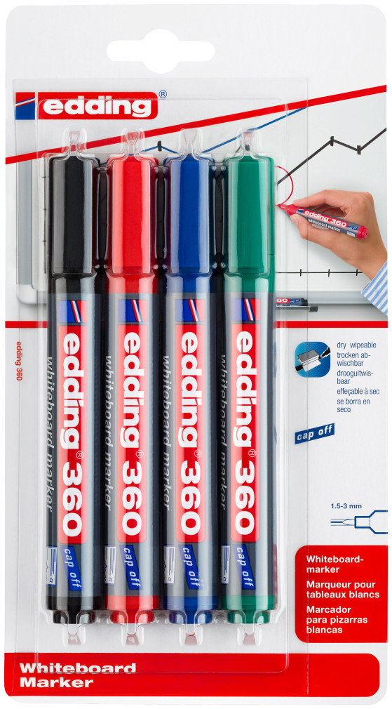 10 x Edding 360 Dry Wipe Whiteboard Marker PensAssorted ColoursRound Tip 