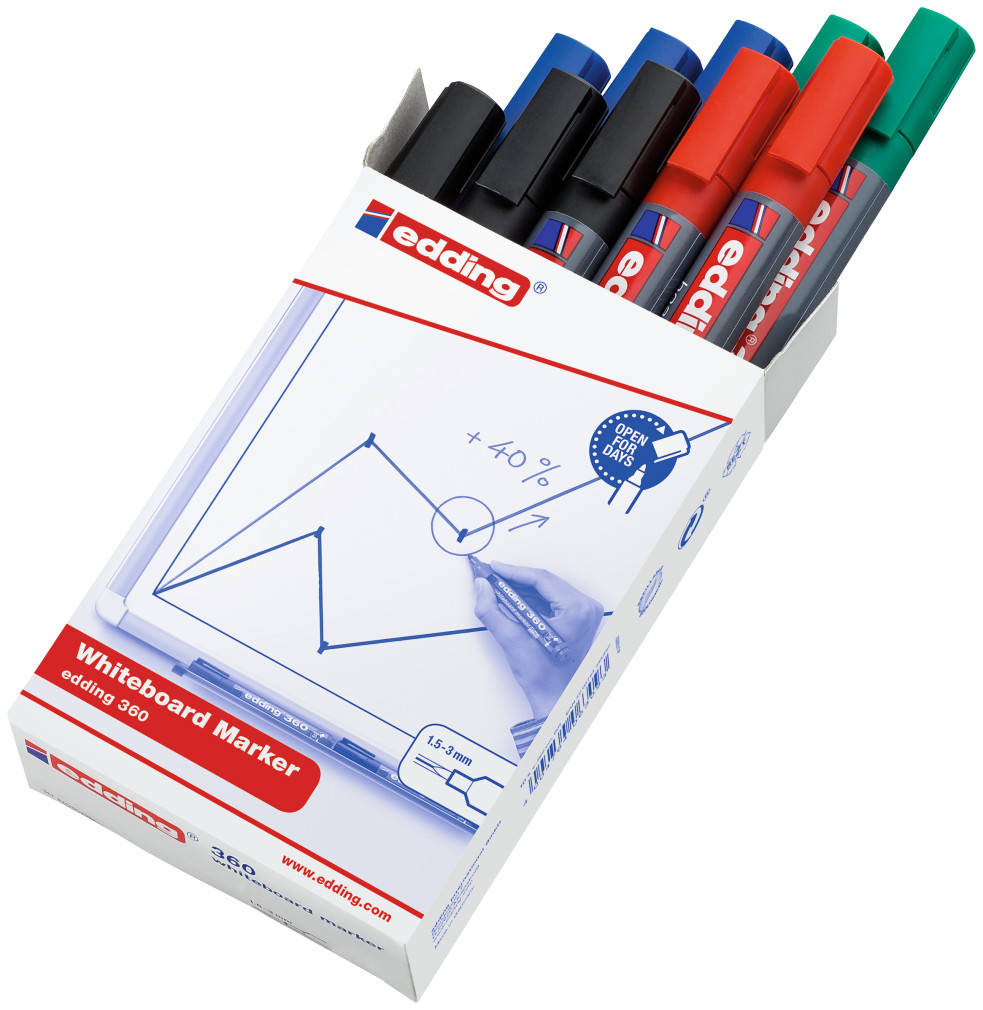 10 x Edding 360 Dry Wipe Whiteboard Marker PensAssorted ColoursRound Tip 