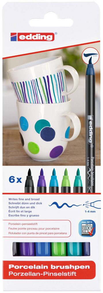 Edding 4200 Porcelain Brush Pens - Assorted Cool Colours (Blister of 6)