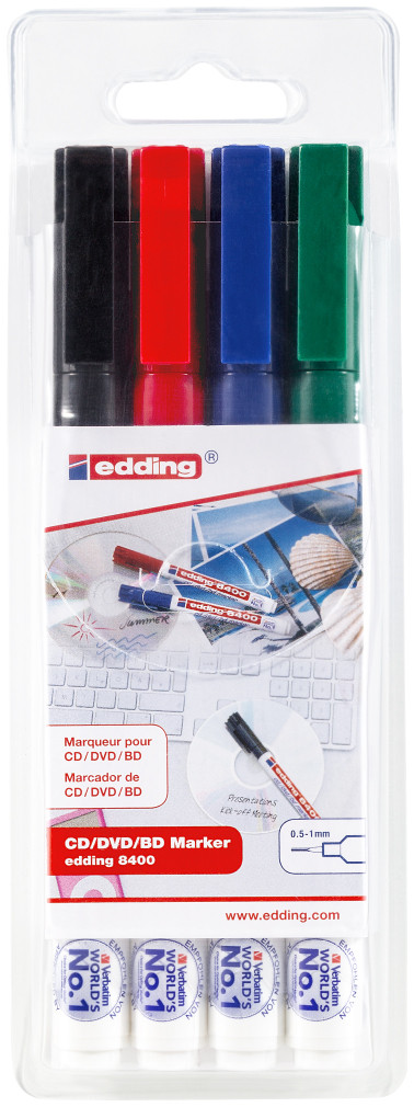 Edding 8400 CD/DVD Markers - Assorted Colours (Wallet of 4)