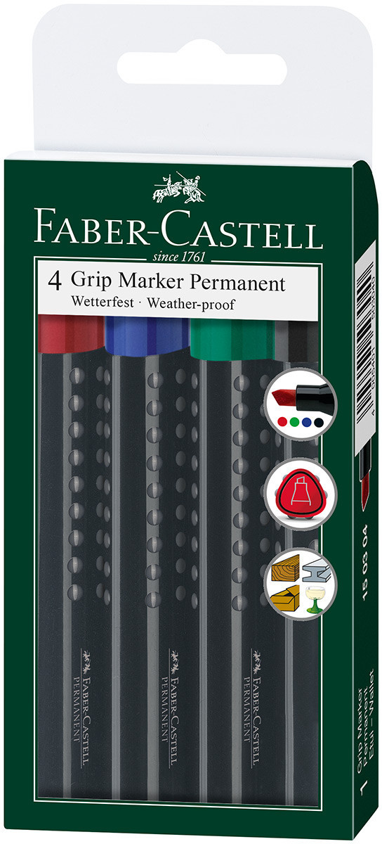 Faber-Castell Permanent Grip Marker - Chisel Tip - Assorted Colours (Wallet of 4)