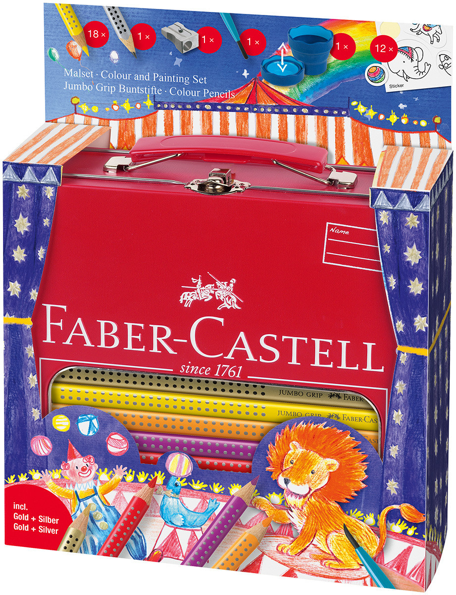 Faber-Castell Jumbo Grip Colouring Pencils - Assorted Circus Gift Set with Paint Brush & Water Pot