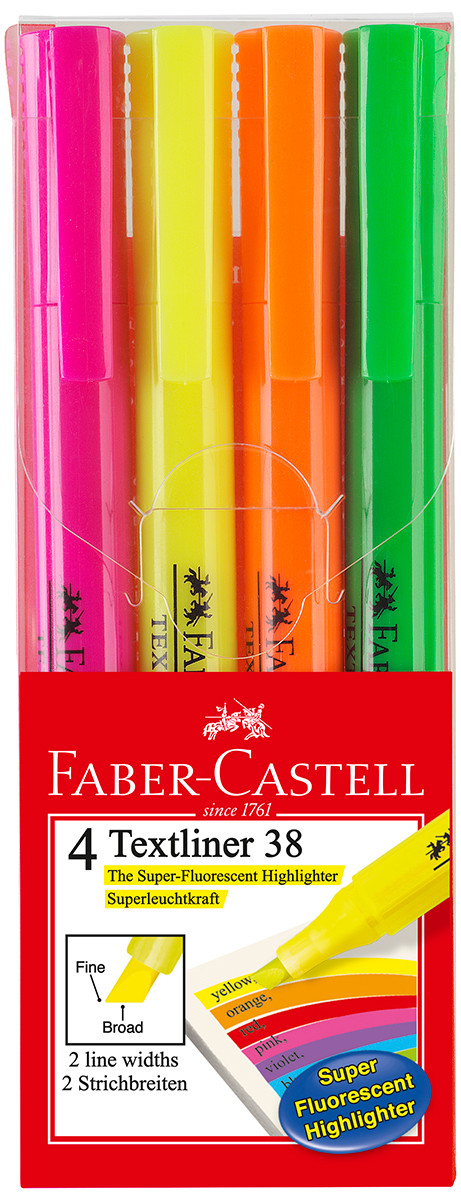 Faber-Castell Textliner 38 Highlighters - Assorted Colours (Wallet of 4)