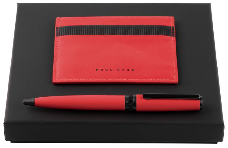 Hugo Boss Gear Ballpoint Pen Gift Set - Matrix Red with Card Holder