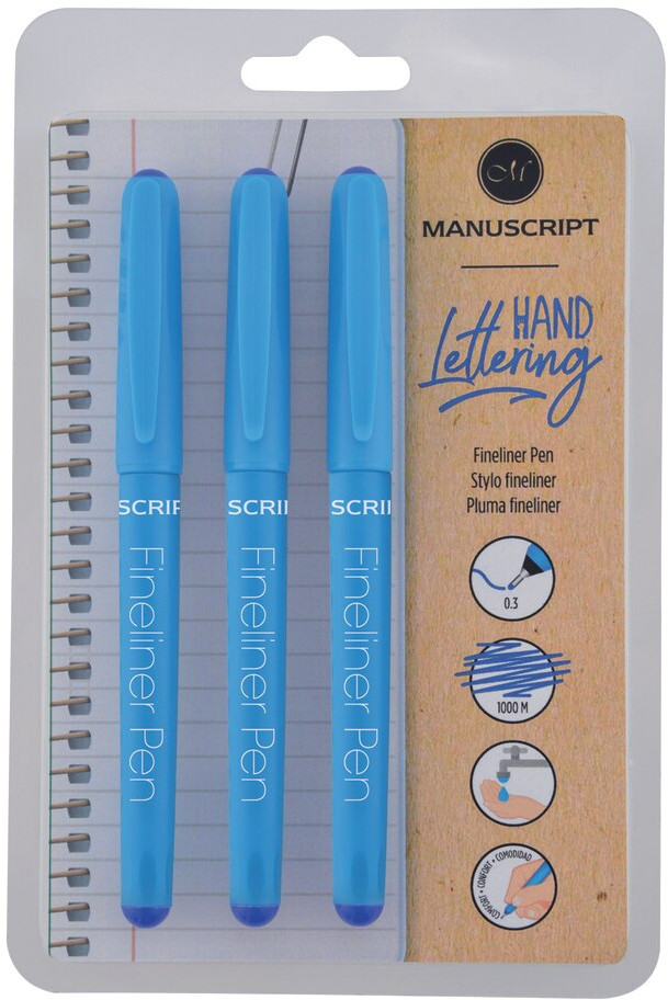 Manuscript Fineliner Pens - Blue (Triple Pack)