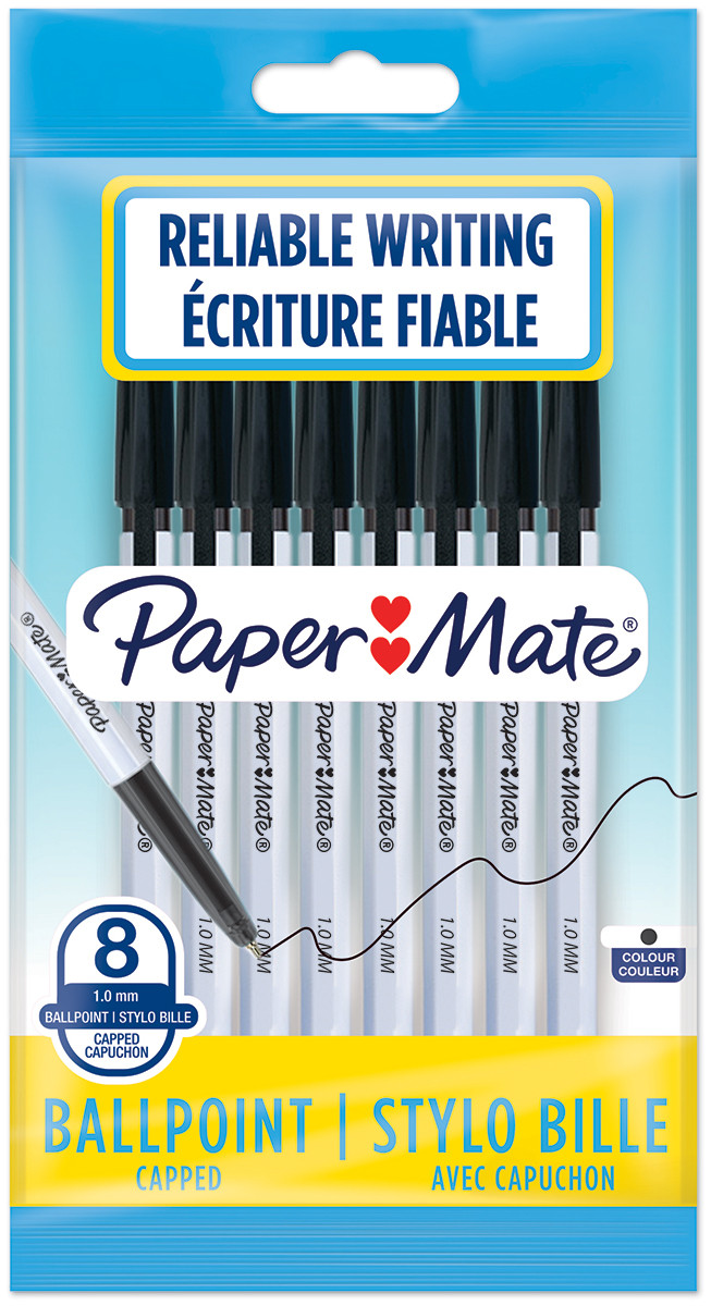 Papermate 045 Capped Ballpoint pen - Medium - Black (Pack of 8)