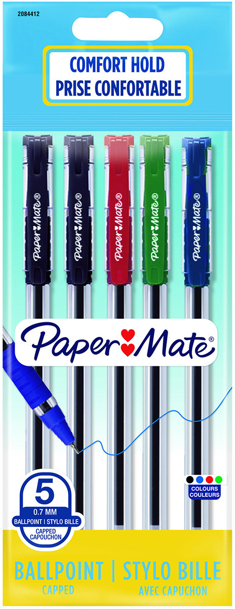 Papermate Comfort Hold Capped Ballpoint Pen - Medium - Assorted Colours (Pack of 5)