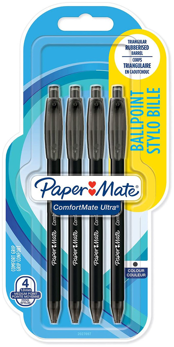 Papermate Comfortmate Ultra Retractable Ballpoint Pens - Black (Blister of 4)