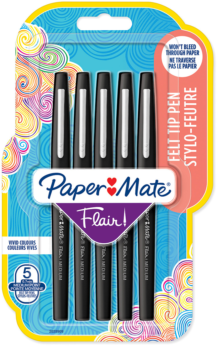 Papermate Flair Original Fibre Tip Pen - Medium - Black (Blister of 5)