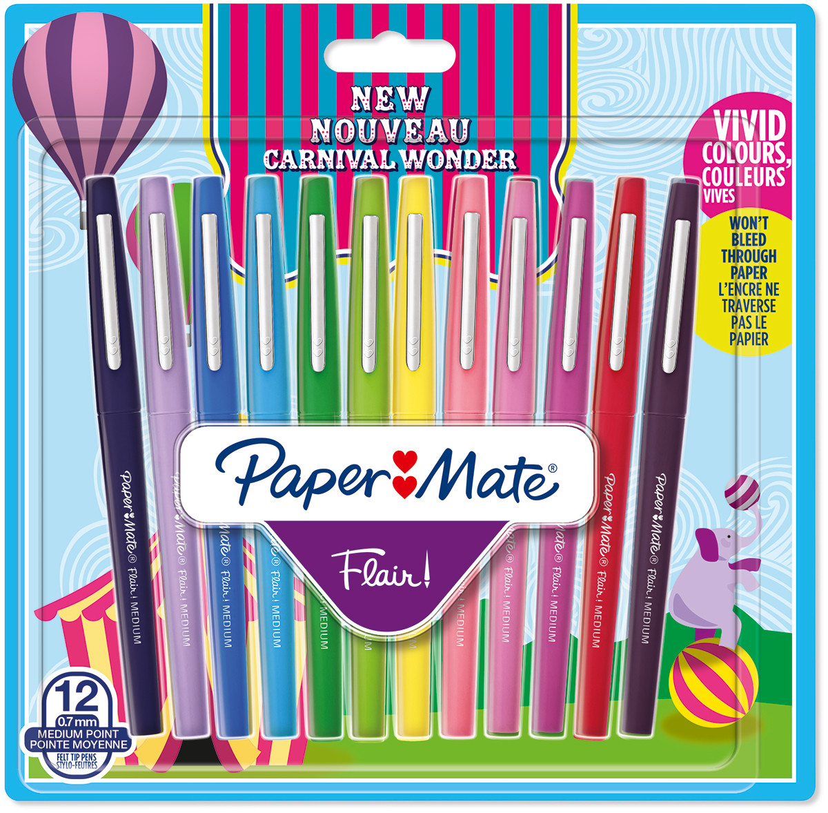 Papermate Flair Original Fibre Tip Pen - Medium - Carnival Colours (Pack of 12)