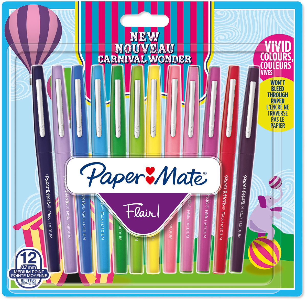 Papermate Flair Original Fibre Tip Pen - Medium - Carnival Colours (Pack of  12), 2108466