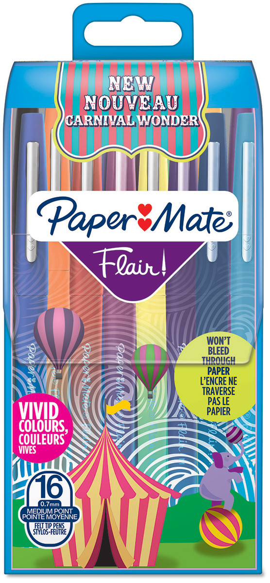 Papermate Flair Original Fibre Tip Pen - Medium - Carnival Colours (Pack of 16)