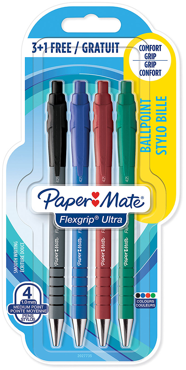 Papermate Flexgrip Ultra Retractable Ballpoint Pen - Medium - Assorted Colours (Blister of 4)