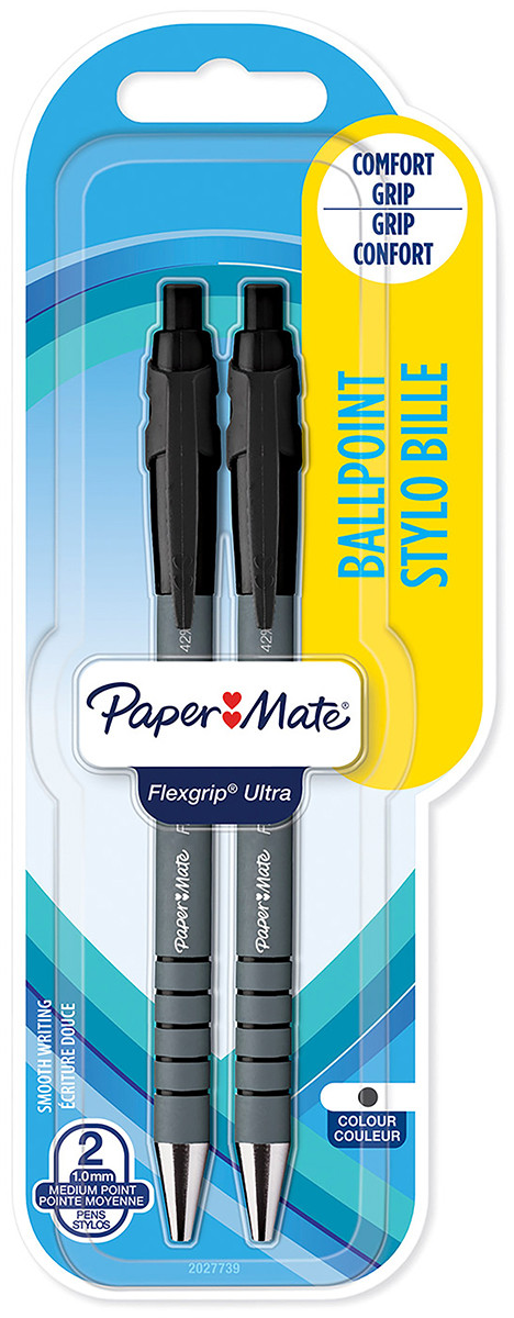 Papermate Flex Grip Ultra Ballpoint Pen - Medium - Black (Blister of 2), 2027739