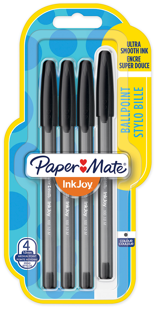 Papermate Inkjoy 100 Capped Ballpoint Pen - Medium - Black (Blister of 4)