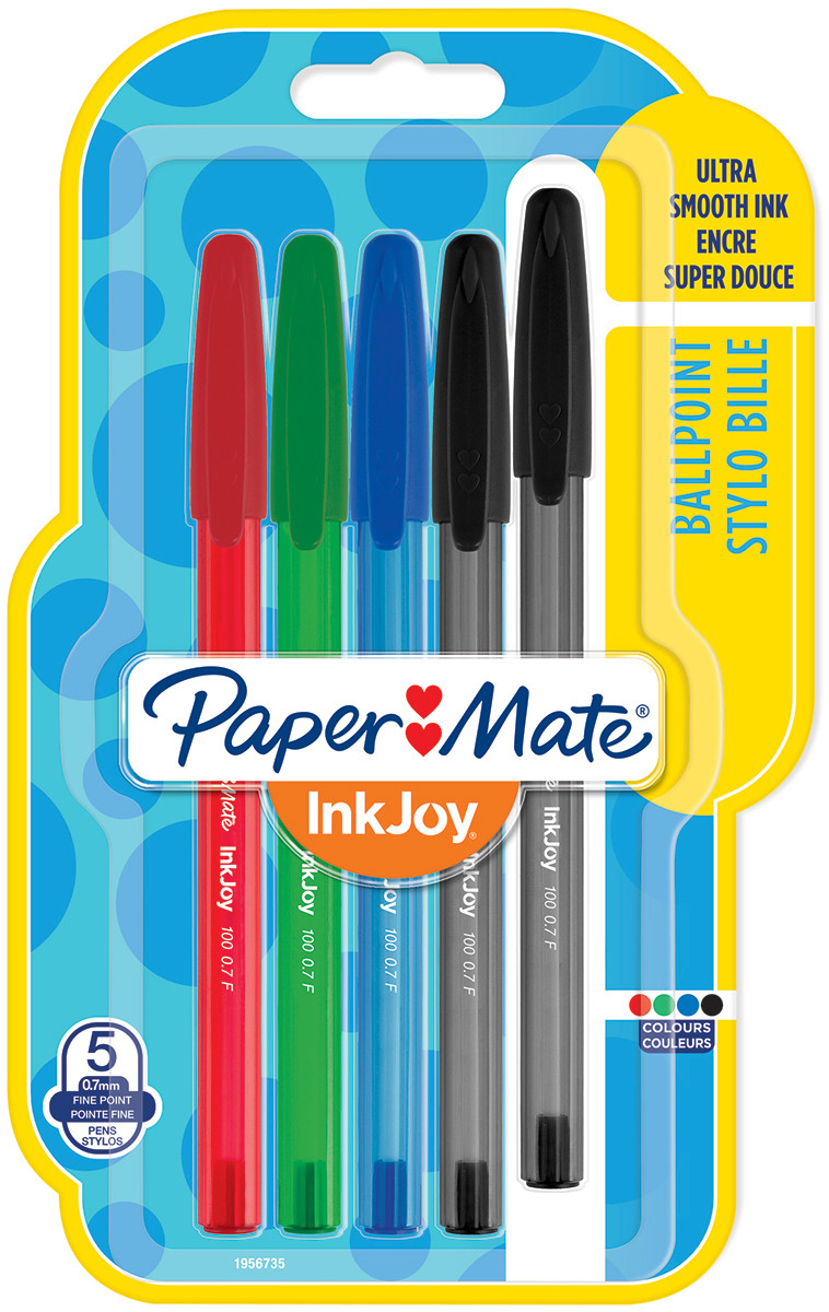 Papermate Inkjoy 100 Capped Ballpoint Pen - Fine - Standard Colours (Blister of 5)