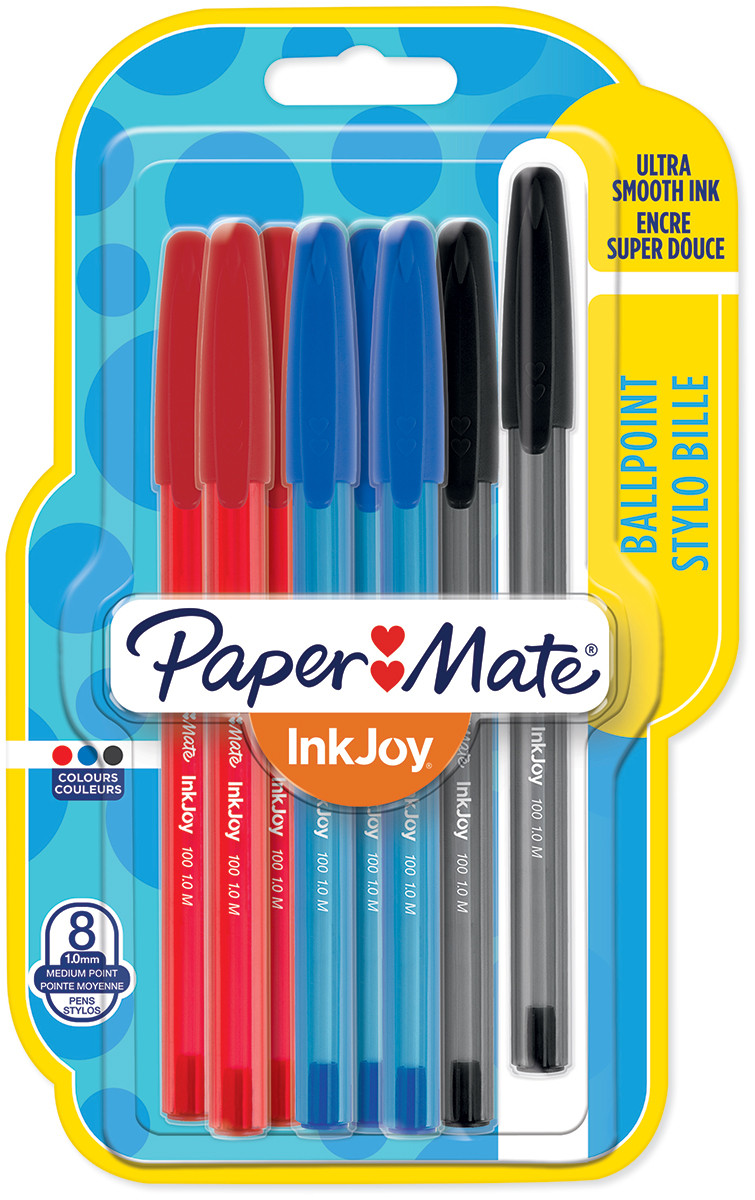 Papermate Inkjoy 100 Capped Ballpoint Pen - Medium - Standard Colours (Blister of 8)
