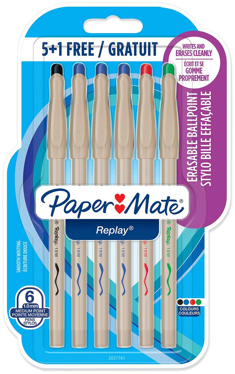 Papermate Replay Erasable Ballpoint Pen - Medium - Assorted Colours (Pack of 6)