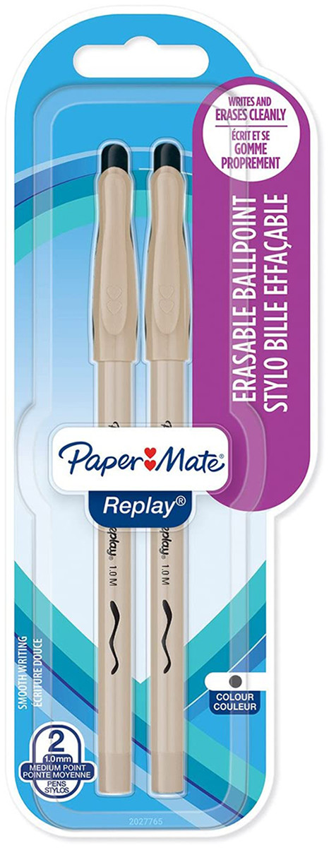 Papermate Replay Erasable Ballpoint Pen - Medium - Black (Blister of 2)