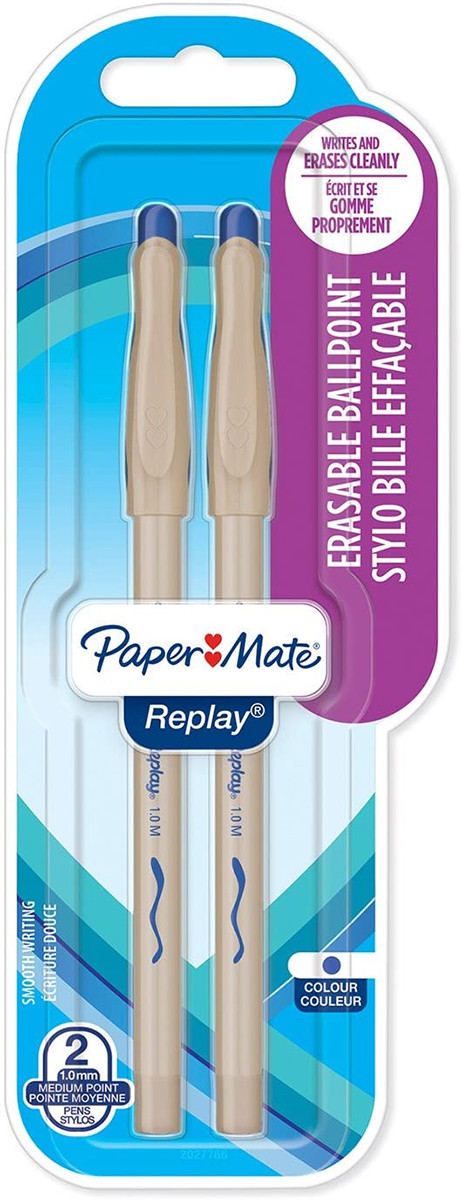 Papermate Replay Erasable Ballpoint Pen - Medium - Blue (Blister of 2)