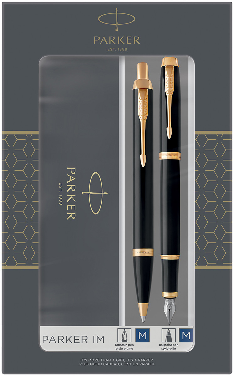 Parker IM Fountain & Ballpoint Pen Gift Set - Gloss Black Gold Trim, 2093216