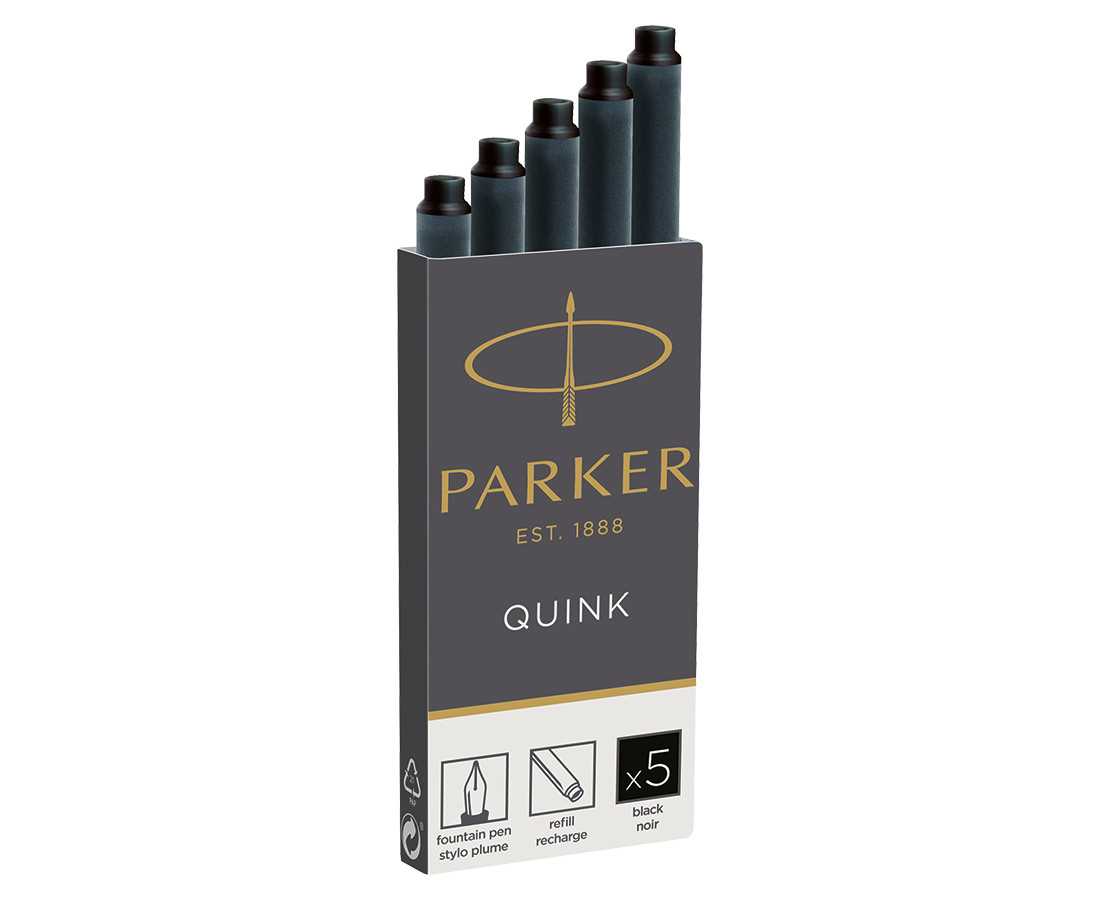 Long Cartridges Parker Quink Fountain Pen Refills Box of 5 Black Ink 