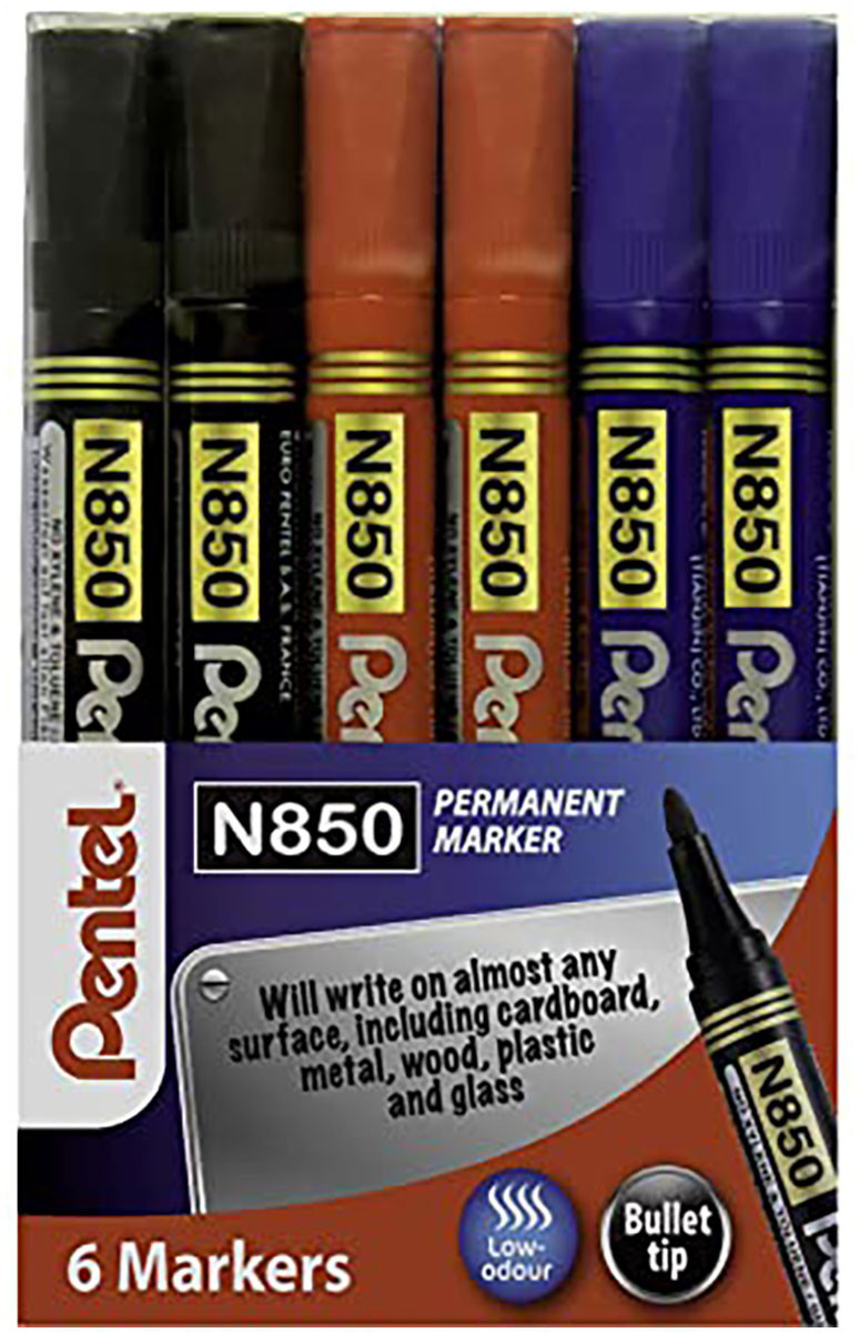 Pentel N850 Permanent Marker - Bullet Tip - Assorted Colours (Pack of 6)