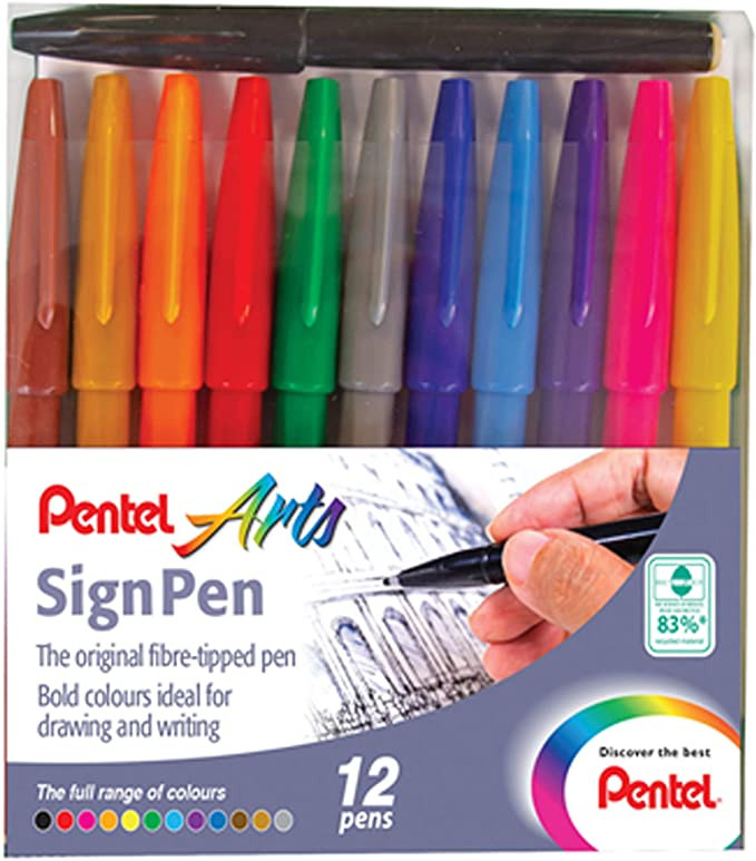 Pentel Sign Fibre Tip Pens - Assorted Trend Colours (Wallet of 12)