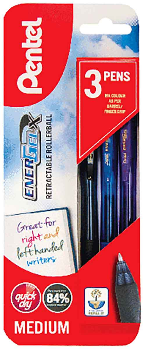 Pentel EnerGel X Retractable Rollerball Pen - Assorted Colours (Pack of 3)