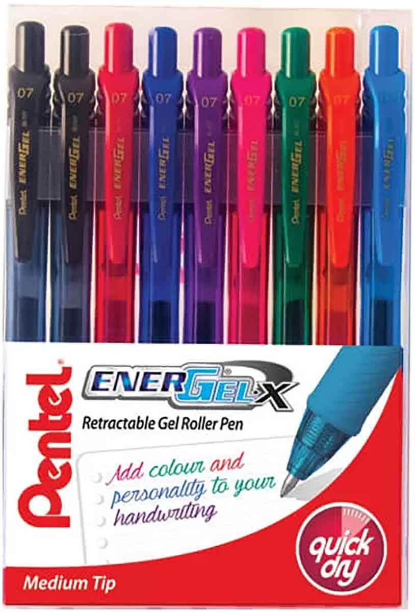 Pentel EnerGel X Retractable Rollerball Pen - Assorted Colours (Wallet of 9)
