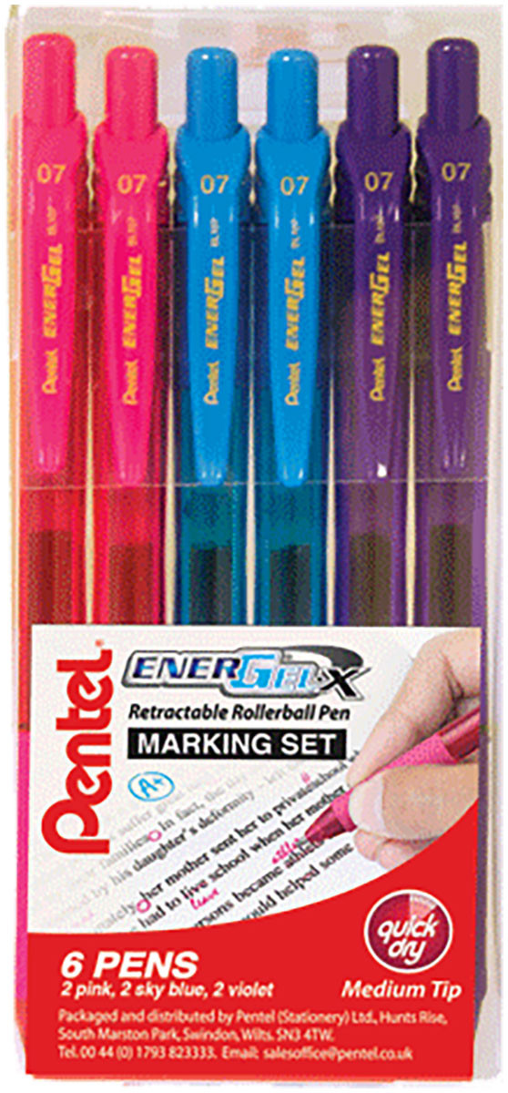 Pentel EnerGel XM Retractable Rollerball Pen - 0.7mm - Violet Pink & Blue (Pack of 6)