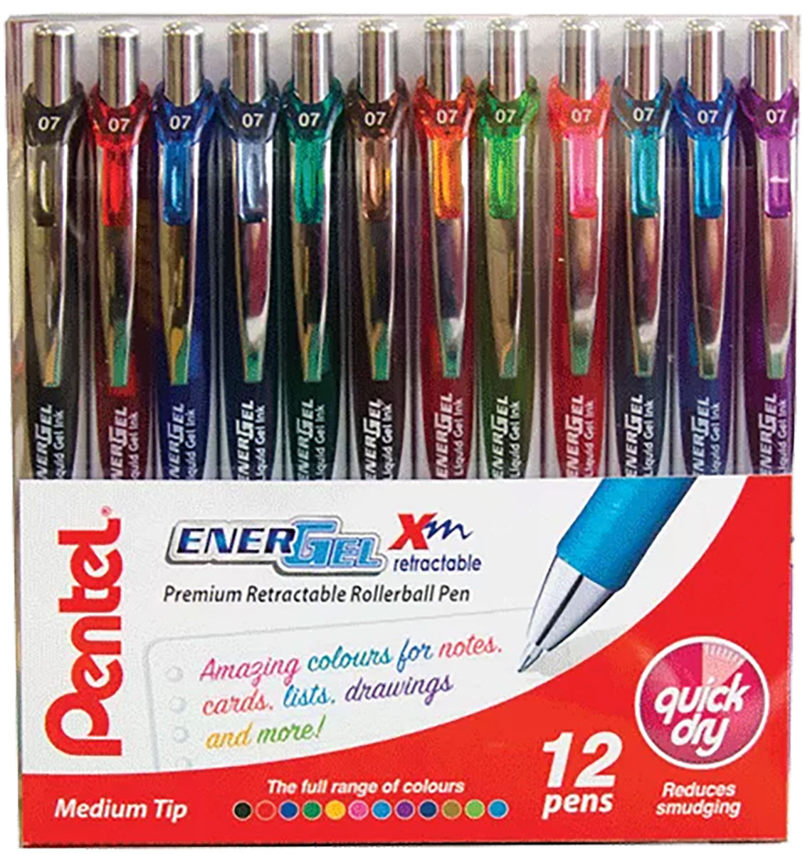Pentel EnerGel XM Retractable Rollerball Pen - 0.7mm - Assorted Colours (Pack of 12)