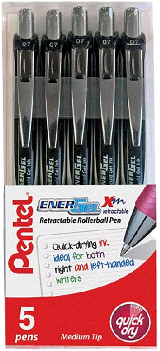 Pentel EnerGel XM Retractable Rollerball Pen - 0.7mm - Black (Pack of 5)