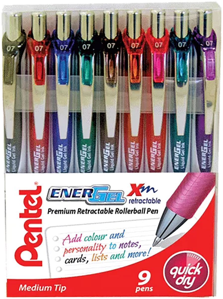 Pentel EnerGel XM Retractable Rollerball Pen - 0.7mm - Assorted Colours (Pack of 9)