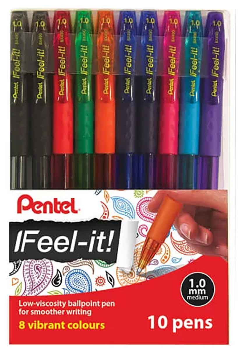 Pentel Feel-It! Capped Ballpoint Pen - 1.0mm - Assorted Colours (Wallet of 10)