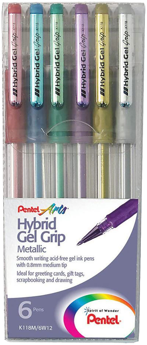 Pentel Hybrid Grip Gel Pens - Assorted Metallic Colours (Wallet of 6)