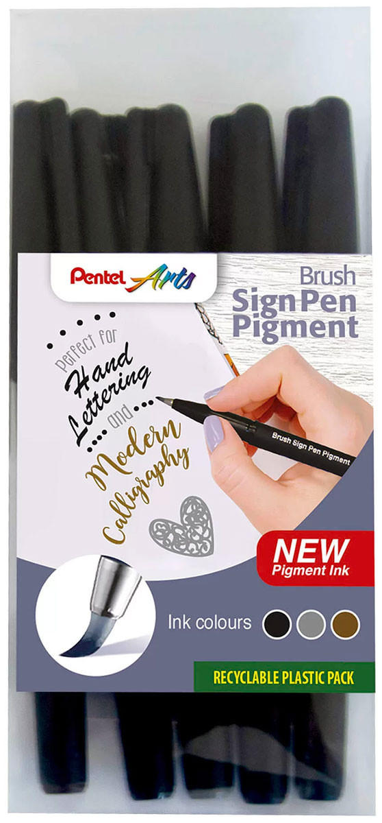 Pentel Pigment Brush Sign Pens - Assorted Colours (Wallet of 5)