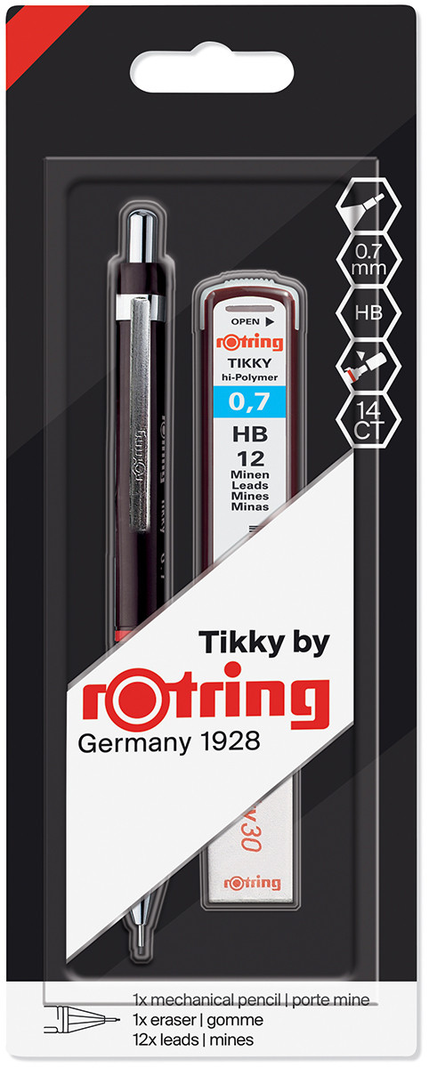Rotring Tikky Mechanical Pencil - Black Barrel with Leads and Eraser - 0.70mm