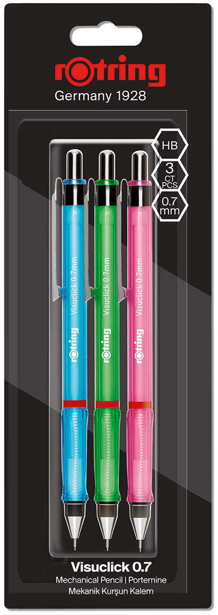 Rotoring Visuclick Mechanical Pencil - 0.7mm - Assorted Colours (Blister of 3)