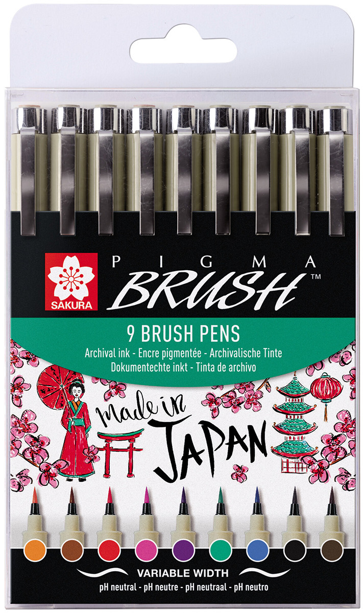 Sakura Pigma Brush Pens - Assorted Colours (Pack of 9)
