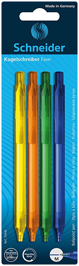 Schneider Fave Ballpoint Pens - Assorted Colours (Blister of 4)
