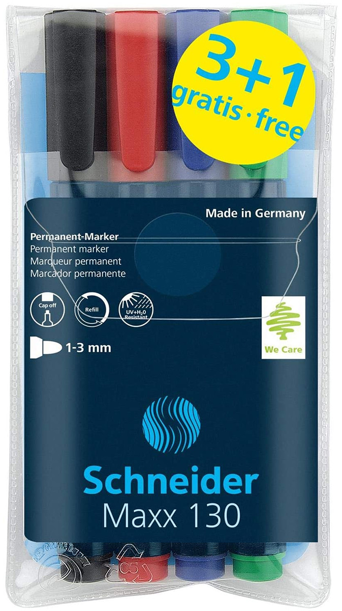 Schneider Maxx 130 Permanent Markers - Bullet Tip - Assorted Colours (Pack of 4)